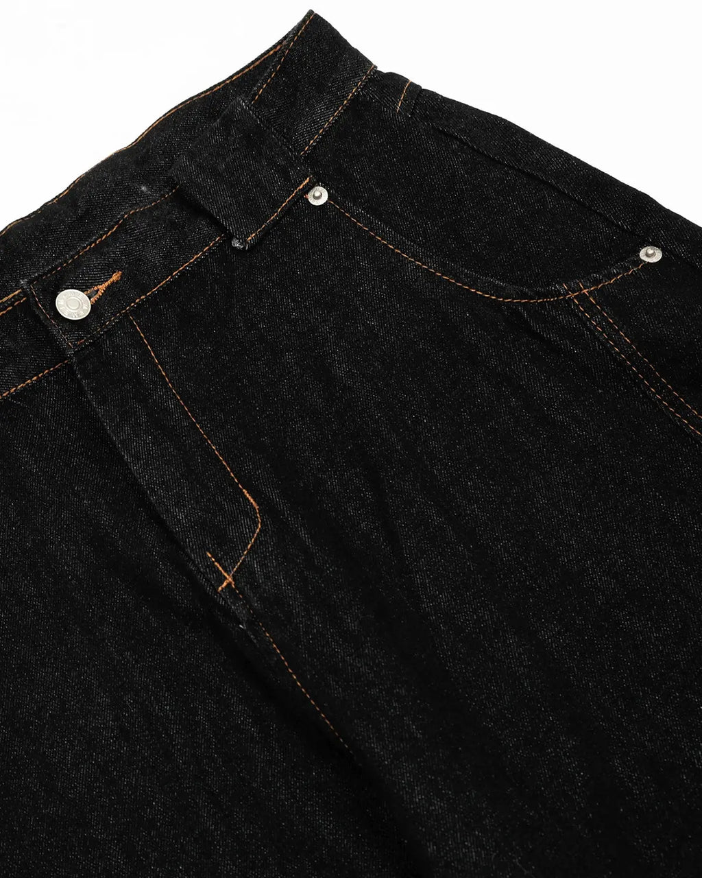 Dark raw baggy jeans with contrast stitching from Flation Streetwear, featuring a relaxed fit and distressed details.