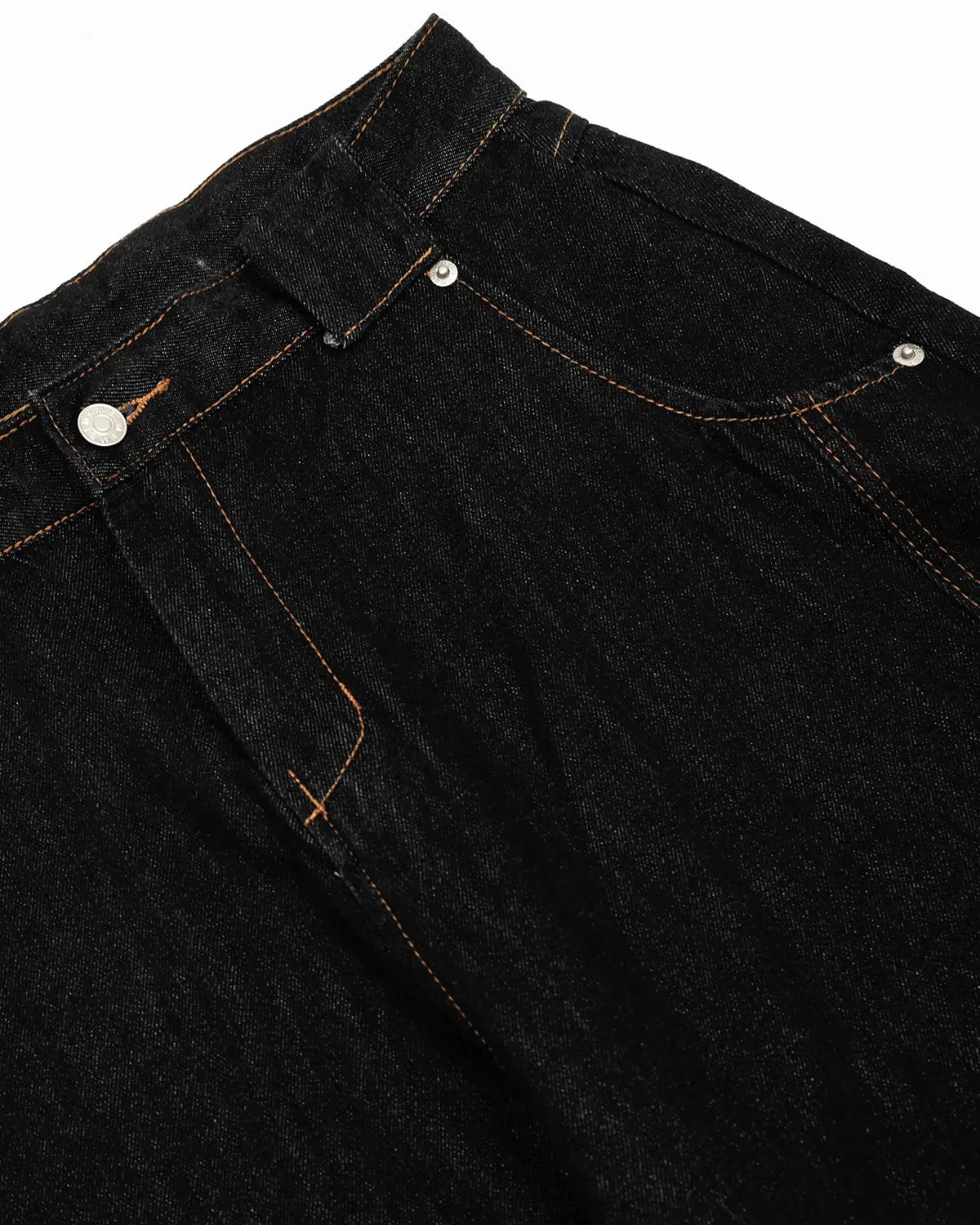 Dark raw baggy jeans with contrast stitching from Flation Streetwear, featuring a relaxed fit and distressed details.