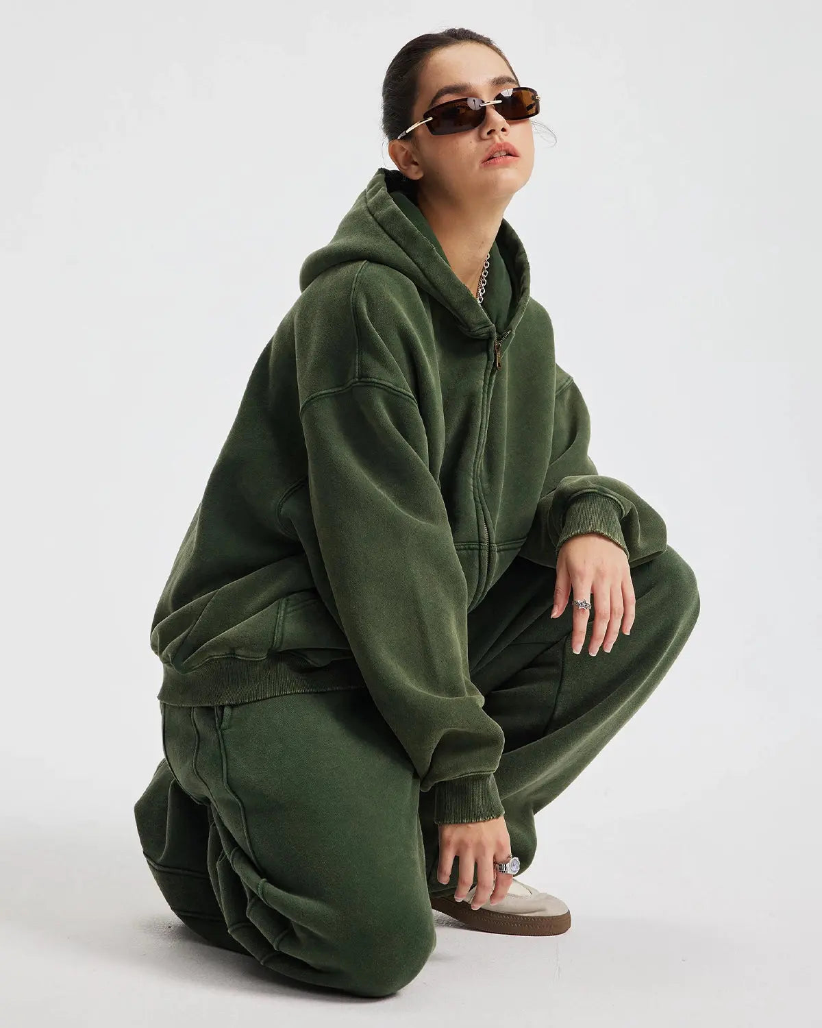 Boxy fit acid washed fleece zip-up hoodie by Flation featuring a relaxed style and distressed fabric for a casual streetwear look.