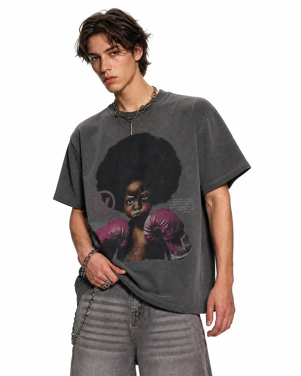 Vintage graphic oversized T-shirt by INFLATION featuring bold streetwear style and colorful print on a casual fit tee.