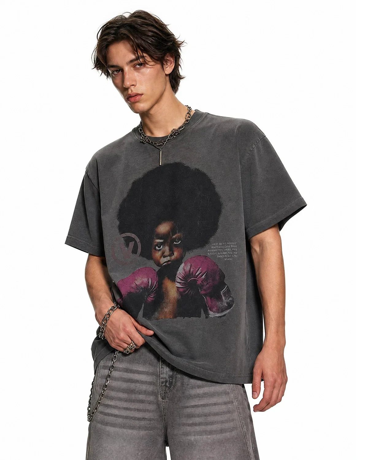 Vintage graphic oversized T-shirt by INFLATION featuring bold streetwear style and colorful print on a casual fit tee.