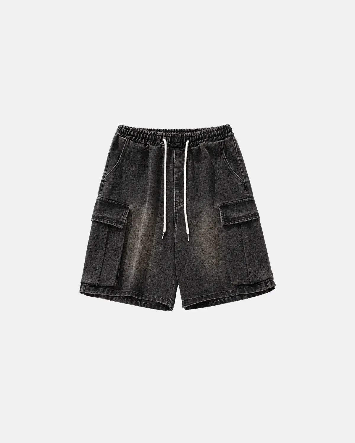 Inflation brand washed denim cargo shorts with drawstring, featuring a relaxed fit and multiple pockets, casual streetwear pants.