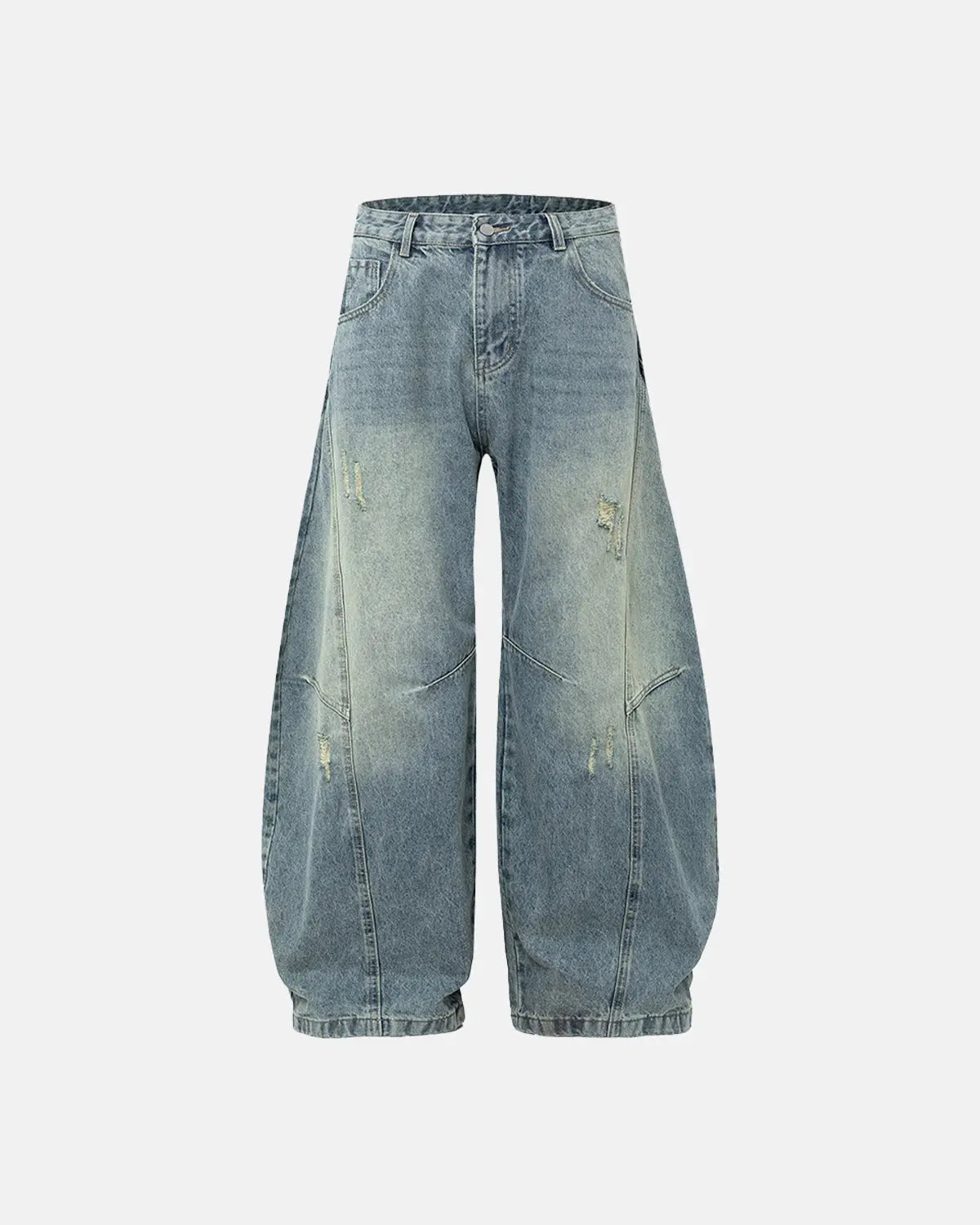 Acid washed distressed barrel jeans by INFLATION, featuring a relaxed fit and faded denim with ripped details.