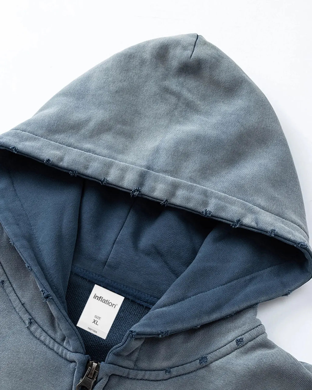 Blue distressed acid wash zip-up hoodie from Inflation Streetwear, featuring a casual fit and front zipper design.