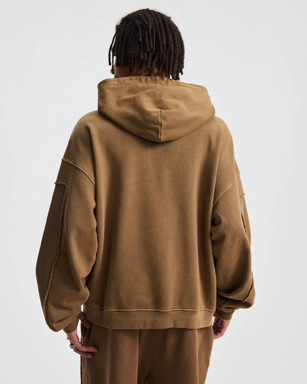 Acid wash stitching zip-up hoodie from Flation Streetwear showing front view with hood, zipper, and distressed fabric details.
