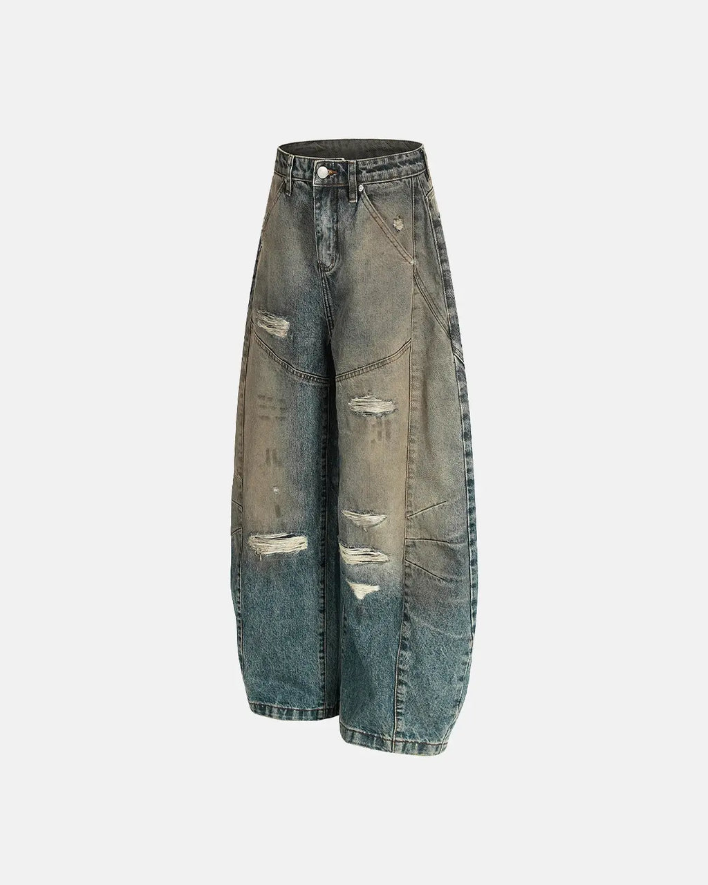 Distressed dirty wash barrel jeans by INFLATION featuring a rugged, faded denim look with distressed details and a relaxed fit.