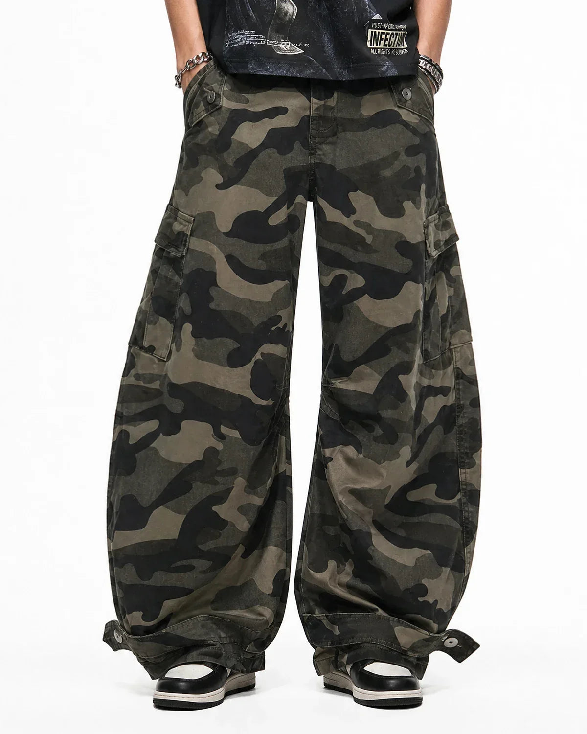 Inflation Multi-pockets Camo Barrel Cargo Pants with multiple front and side pockets, camouflage pattern, and relaxed streetwear style.