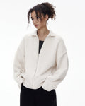 Inflation Streetwear Old Money style knitwear zip-up sweater in neutral tones, featuring a classic collar and ribbed cuffs.