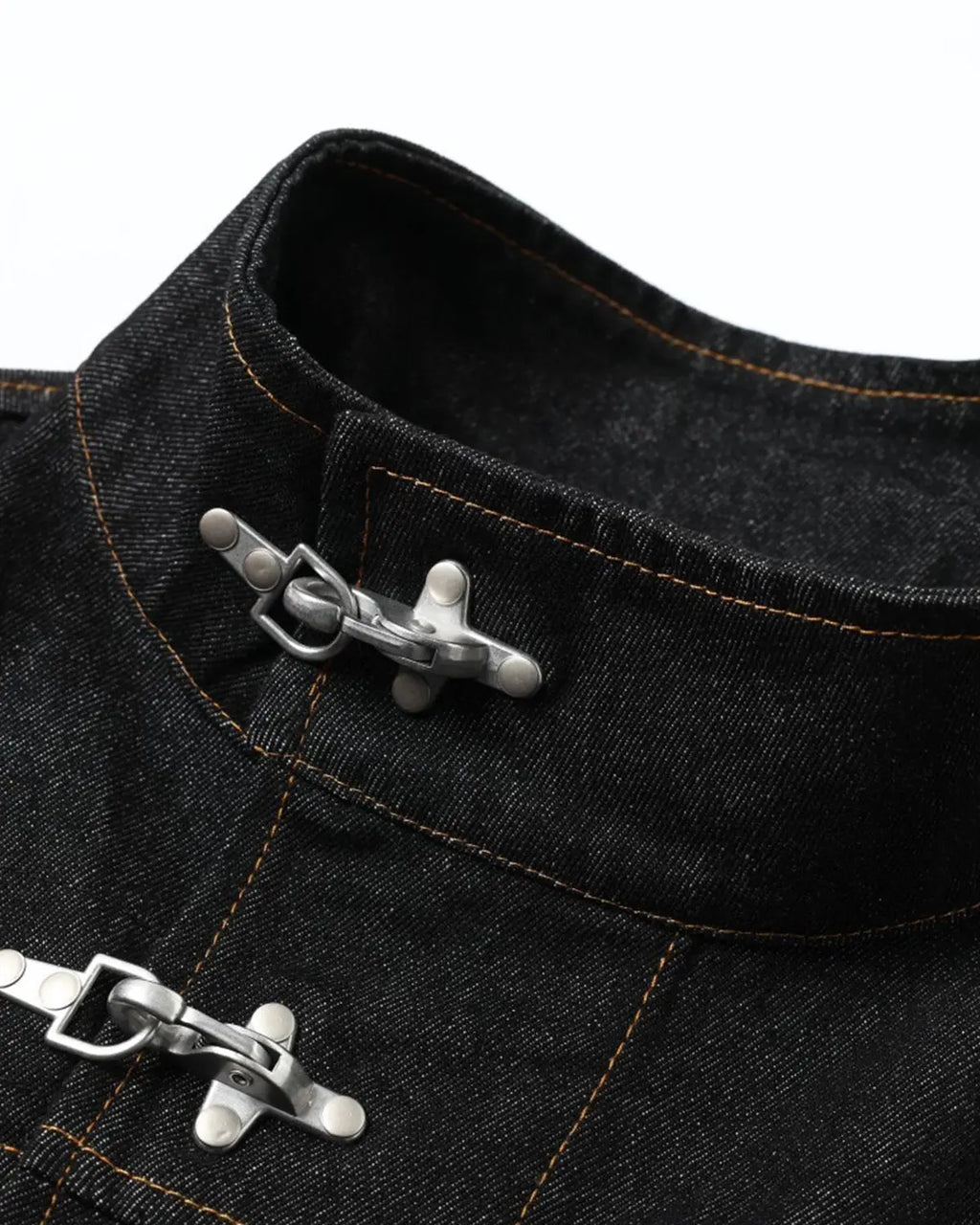 Flation Metal Toggle Raw Denim Jacket featuring metal fastenings and rugged denim fabric, streetwear style for casual outfits.