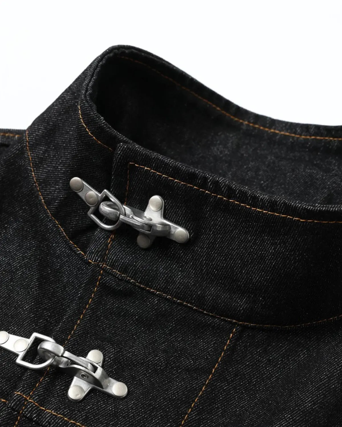 Flation Metal Toggle Raw Denim Jacket featuring metal fastenings and rugged denim fabric, streetwear style for casual outfits.