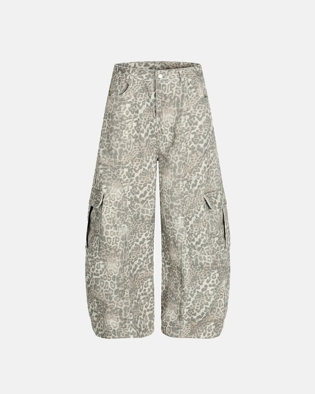 Leopard pattern cargo barrel pants by INFLATION featuring a streetwear style with multiple pockets and relaxed fit.