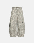 Leopard pattern cargo barrel pants by INFLATION featuring a streetwear style with multiple pockets and relaxed fit.