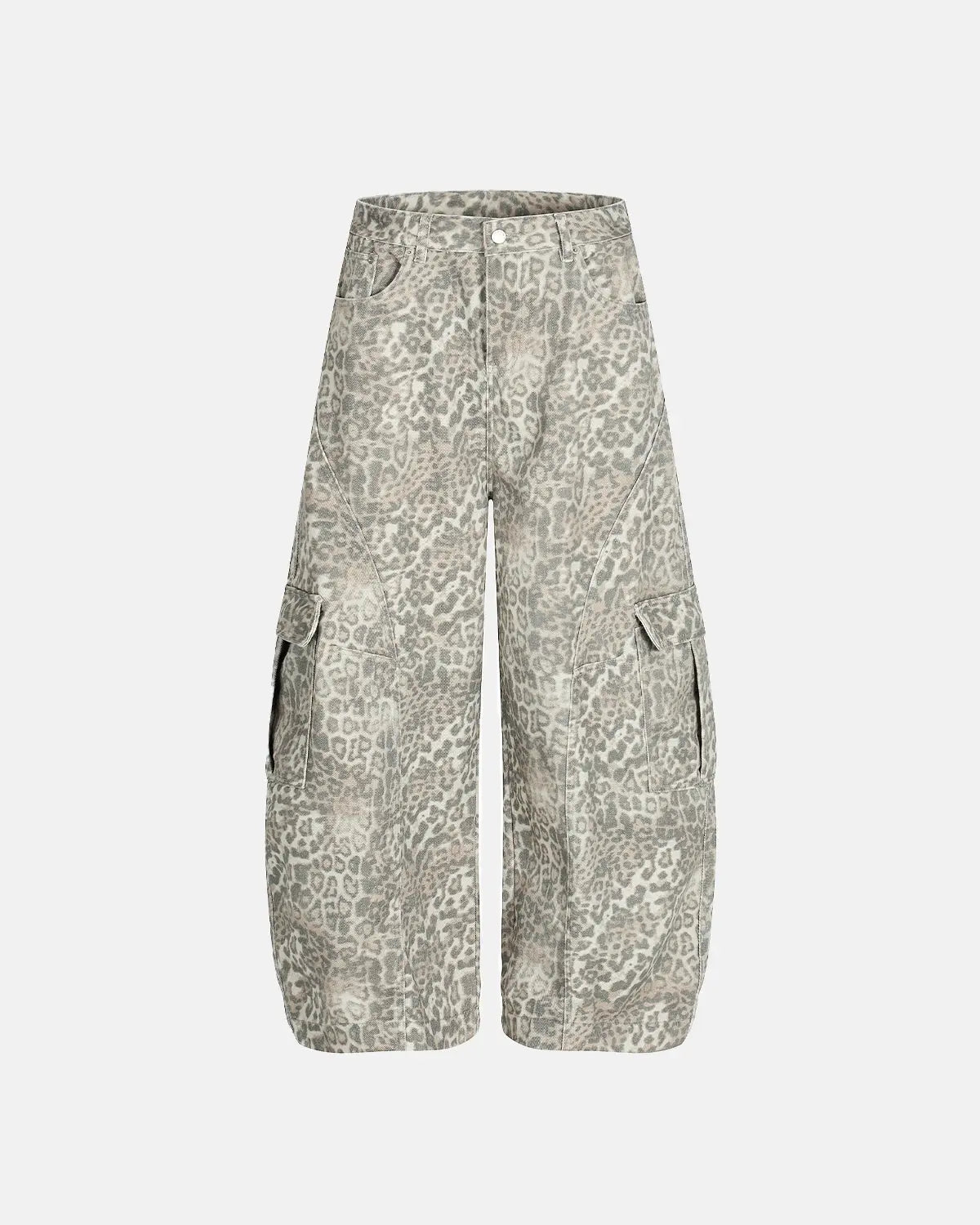 Leopard pattern cargo barrel pants by INFLATION featuring a streetwear style with multiple pockets and relaxed fit.