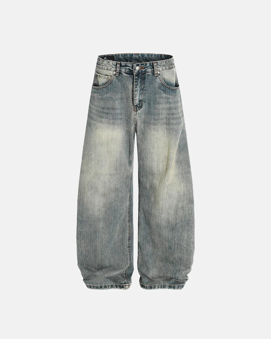 Washed bamboo weave baggy bootcut jeans by Flation Streetwear displayed on a model, showcasing relaxed fit and natural fabric texture.