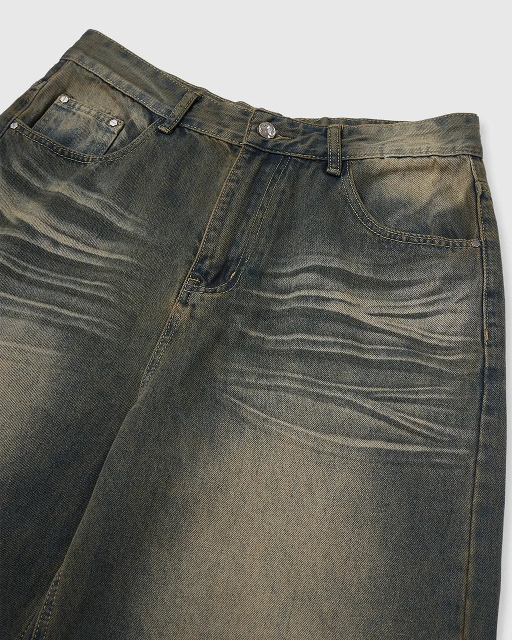 Flation streetwear washed loose-fit denim pants with casual, relaxed style, shown in a front view with distressed details.
