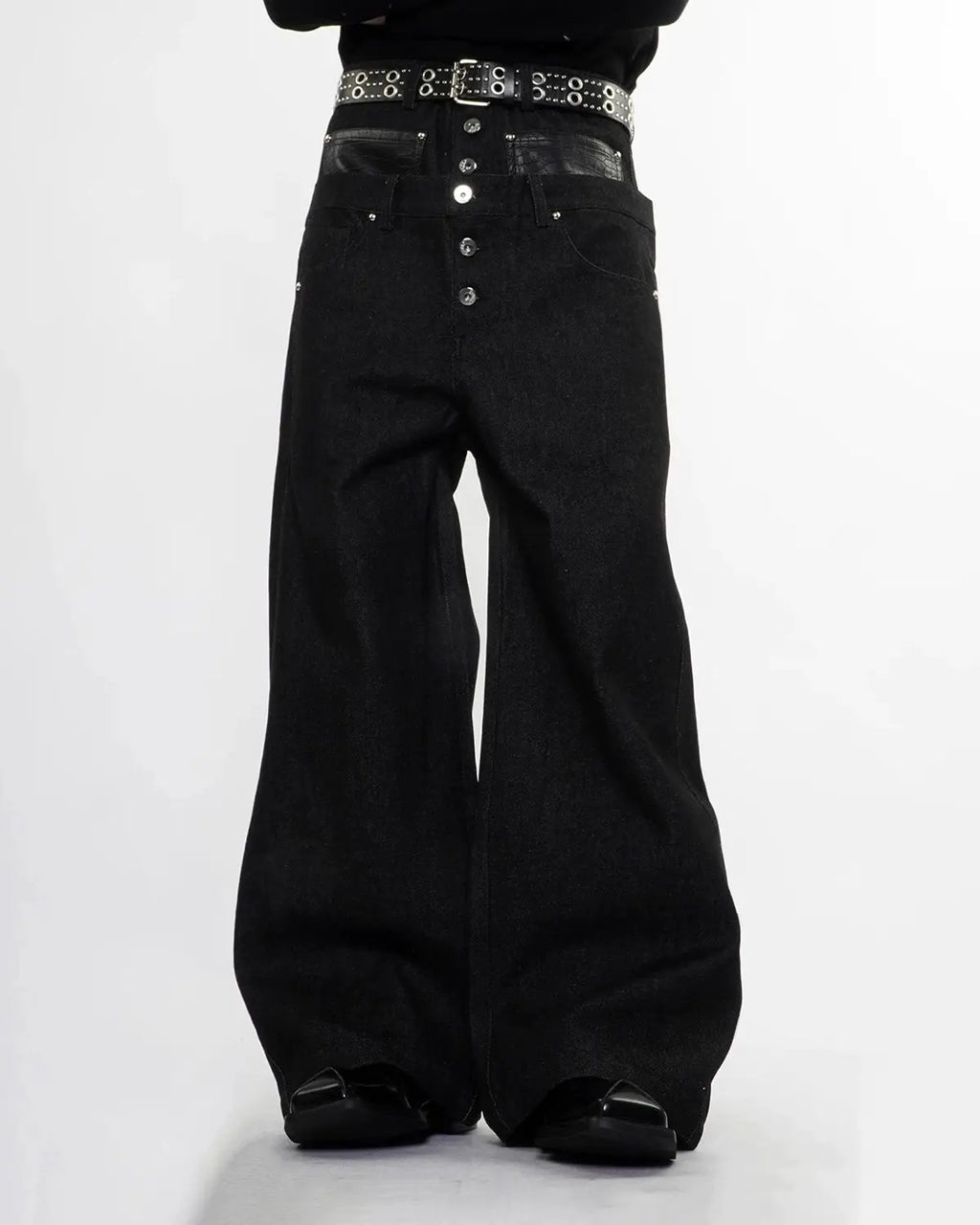 Inflation Double Waist Raw Super Baggy Jeans with oversized fit and raw hem, featuring streetwear style and distressed denim details.