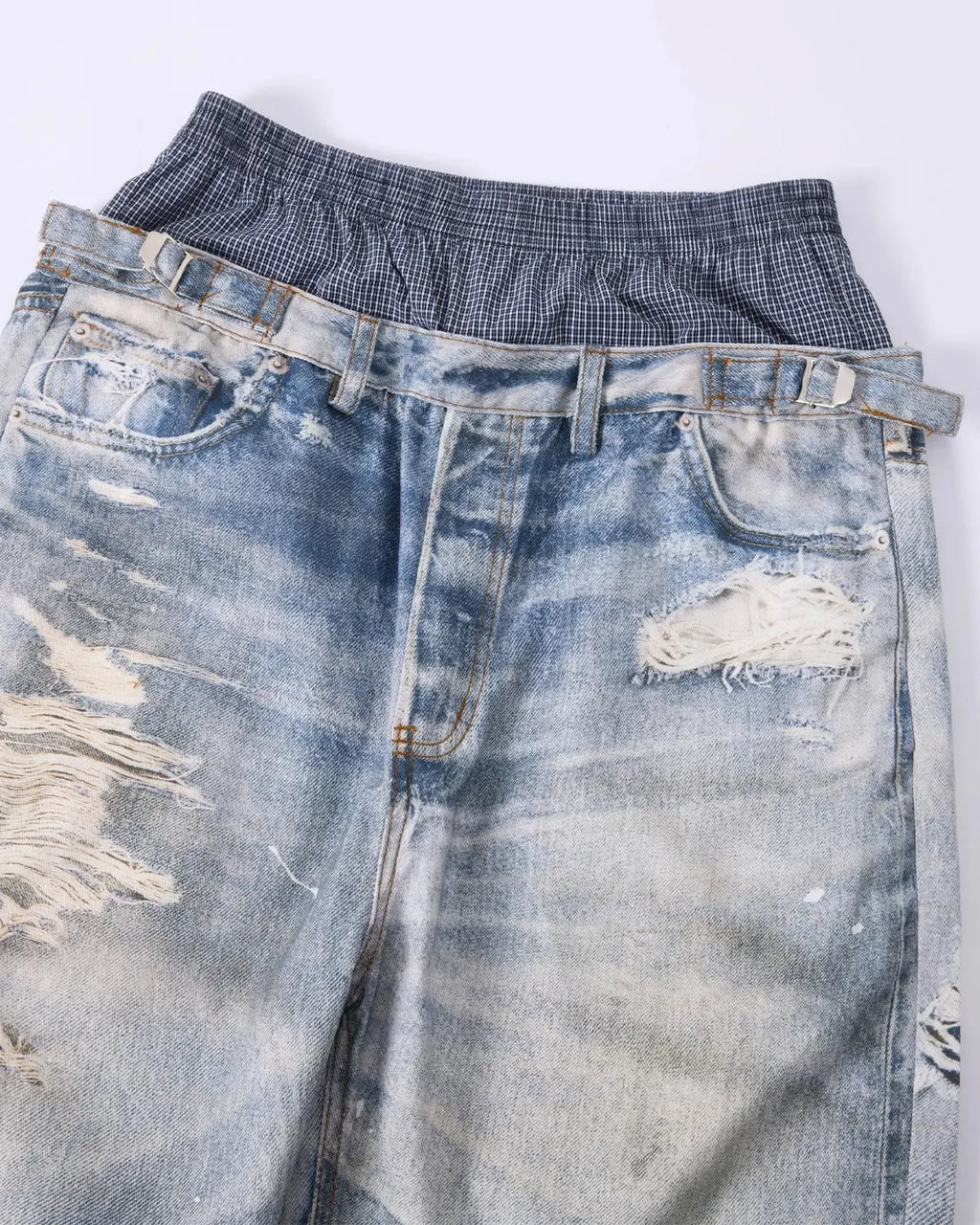 Layered digital print baggy jeans from Inflation Streetwear, showcasing oversized fit and bold graphic design.