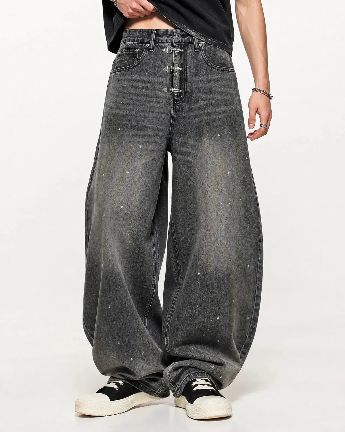 Inflation Streetwear Metal Clasp Washed Barrel Jeans, men's casual pants with distressed denim and metal button details.