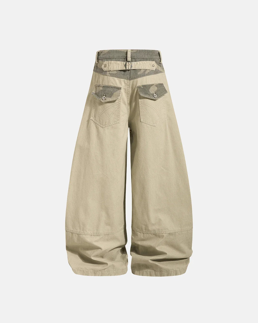 Inflation Streetwear camo patchwork barrel pants with relaxed fit and stylish design, featuring camouflage and patchwork details.