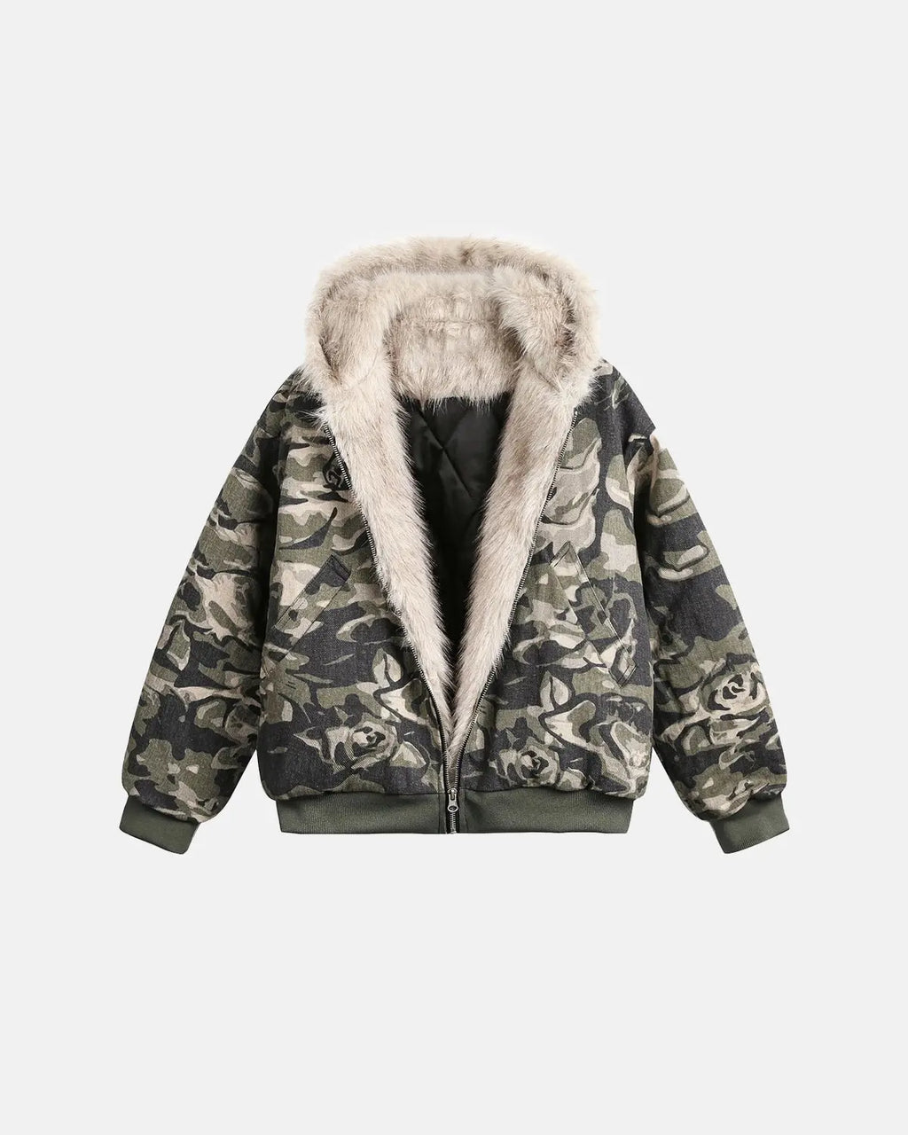Camo faux fur padded hooded jacket by INFLATION featuring camouflage pattern, plush faux fur trim, and padded insulation for warmth.