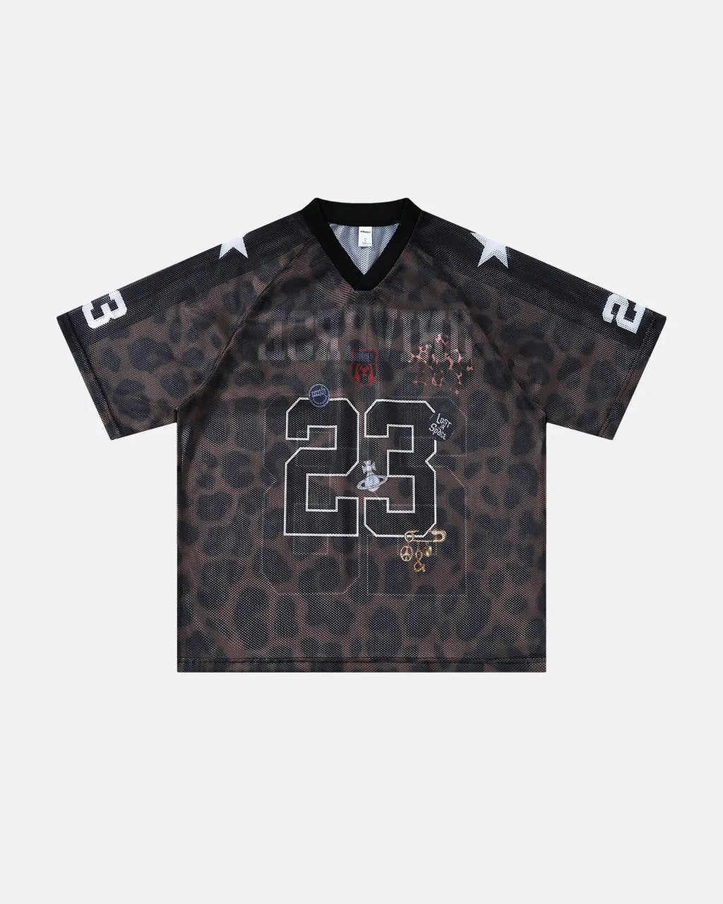 Number 23 Leopard Mesh Jersey from INFLATION Streetwear featuring a bold leopard print mesh fabric and sporty design.
