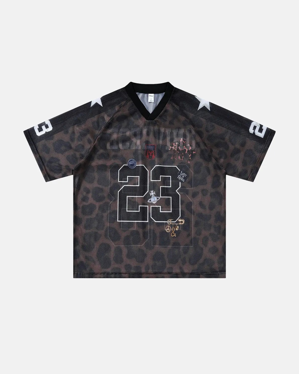 Number 23 Leopard Mesh Jersey from INFLATION Streetwear featuring a bold leopard print mesh fabric and sporty design.