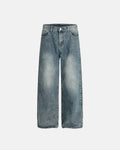 Light blue rhinestone-studded straight leg denim jeans by INFLATION, featuring a classic five-pocket style and distressed details.