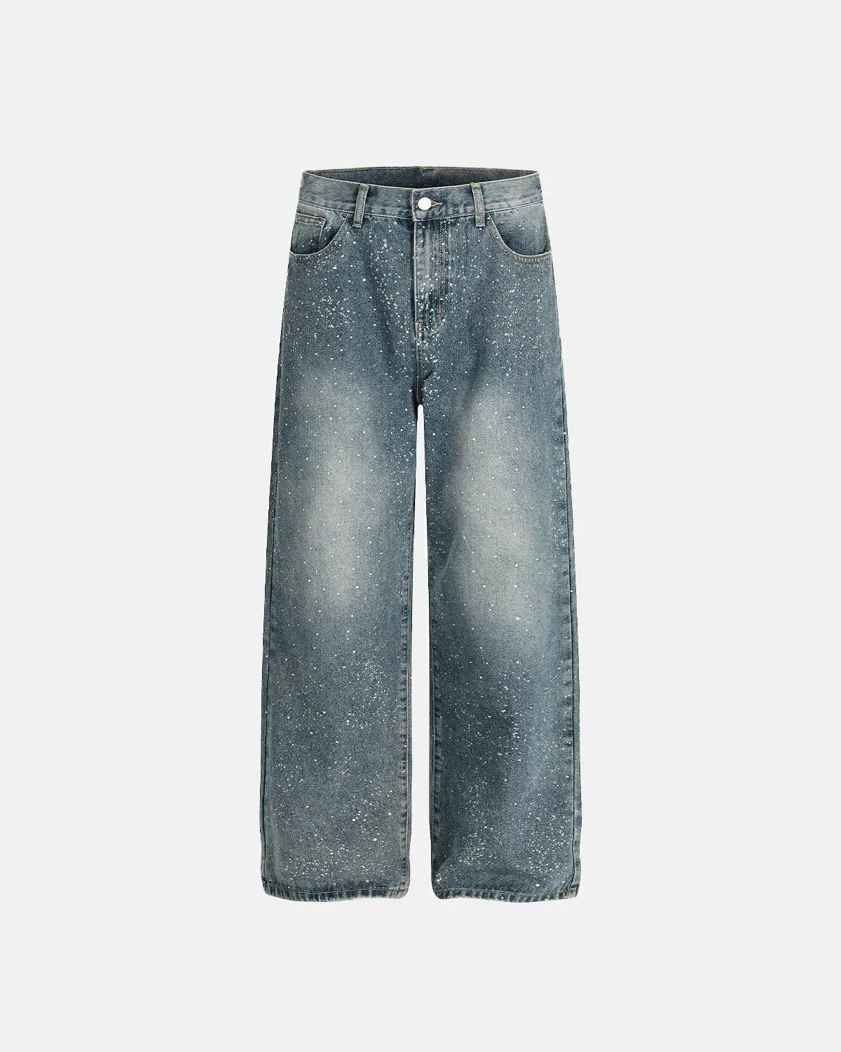 Light blue rhinestone-studded straight leg denim jeans by INFLATION, featuring a classic five-pocket style and distressed details.