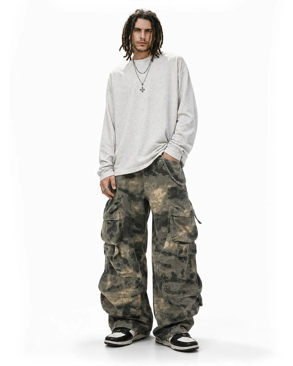 Inflation Camo Multi-Pocket Baggy Cargo Pants with multiple utility pockets and relaxed fit for streetwear style.
