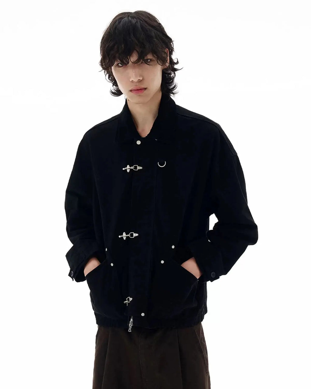 Fireman Buckle Worker Zip Up Jacket by INFLATION, featuring a rugged design with buckle details and a front zipper.