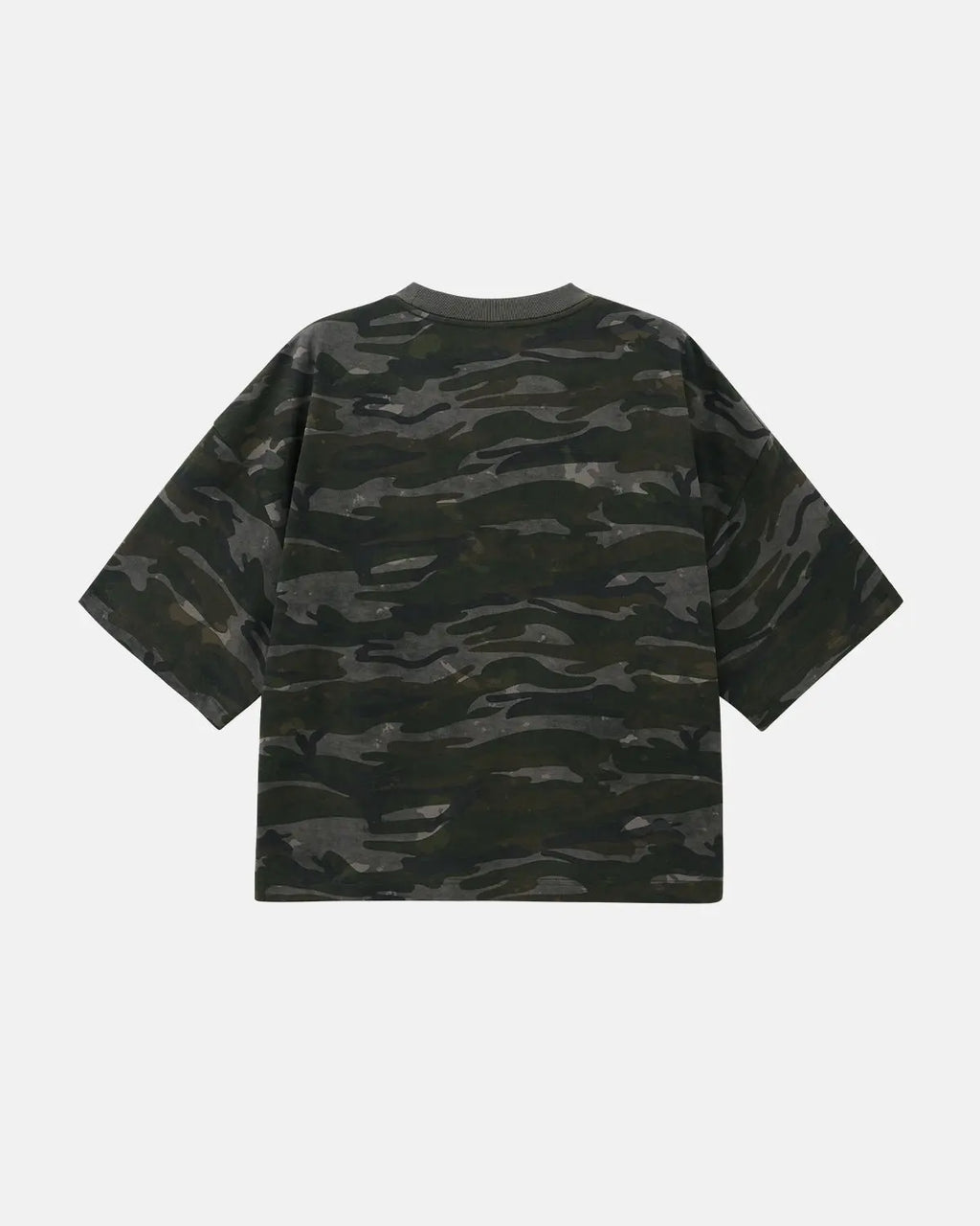 Boxy camo T-shirt by Inflation Streetwear featuring a relaxed fit and green camouflage pattern on soft cotton fabric.