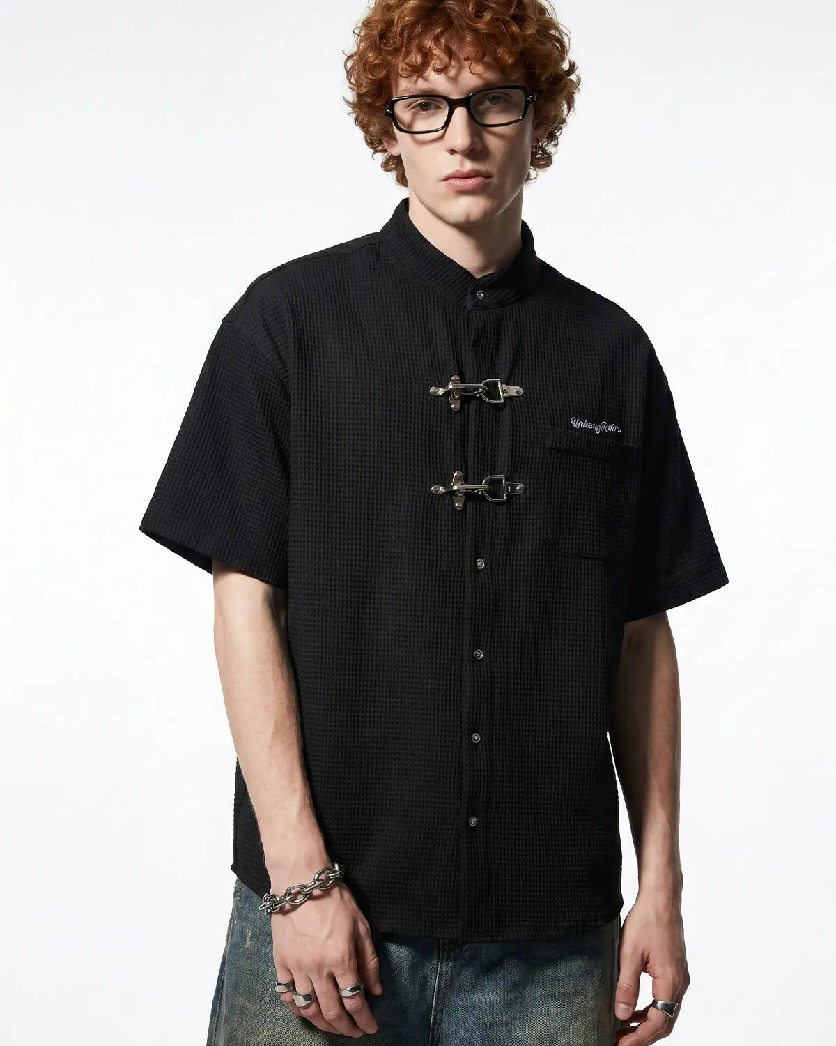 Inflation Streetwear waffle shirt with metal clasp detail, featuring a textured fabric and casual fit for trendy street style.