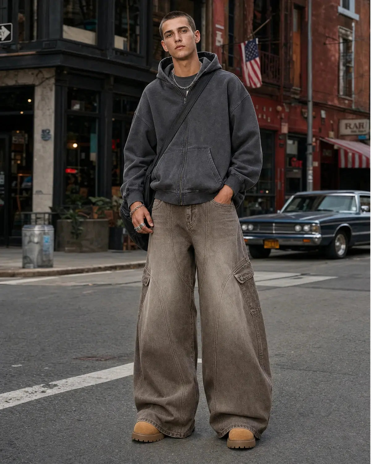 Brown acid wash barrel jeans by Flation featuring a relaxed fit and vintage-inspired streetwear style.