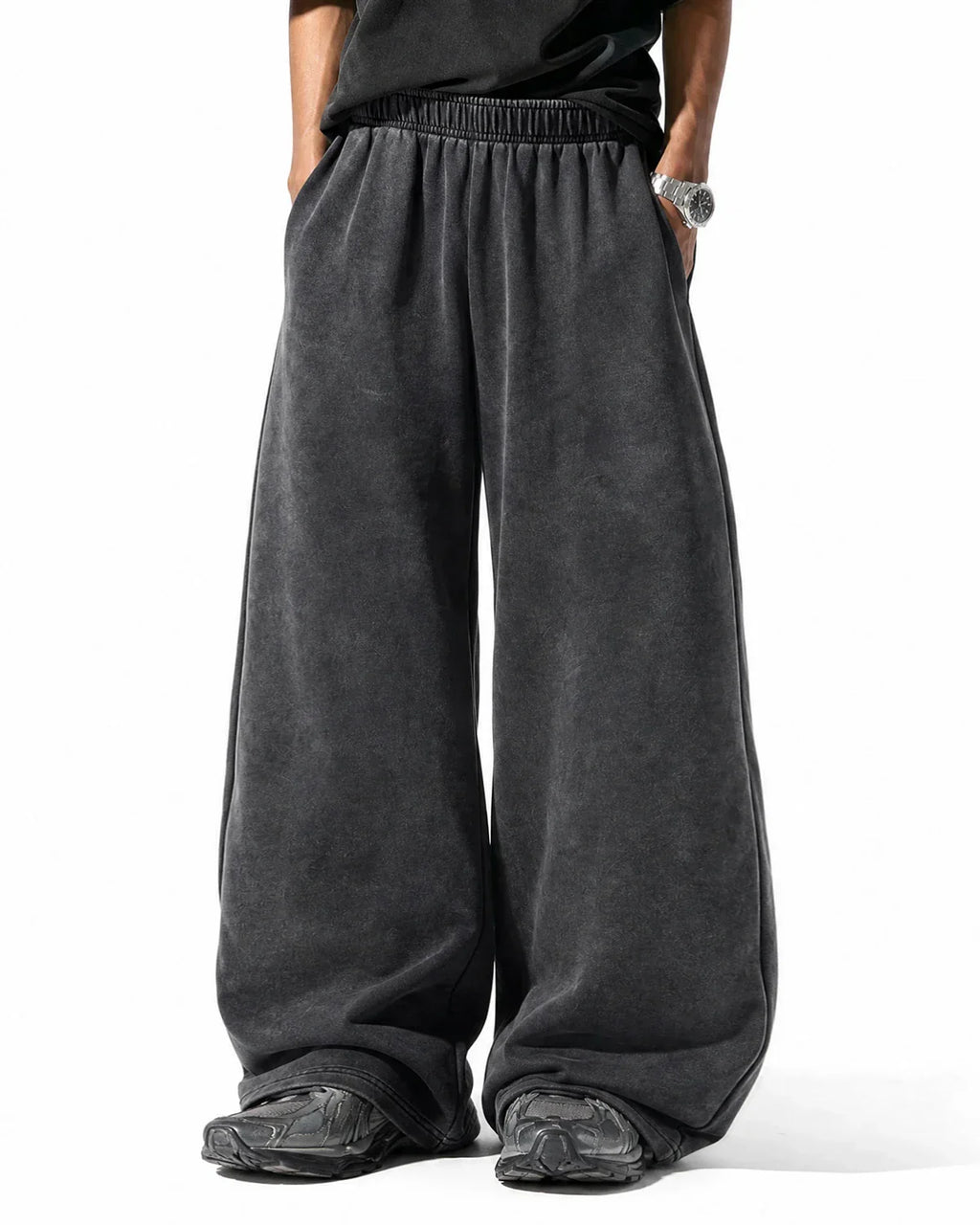 Inflation streetwear washed graphic wide-leg sweatpants, casual jogger style with relaxed fit and bold graphic design on soft fabric.