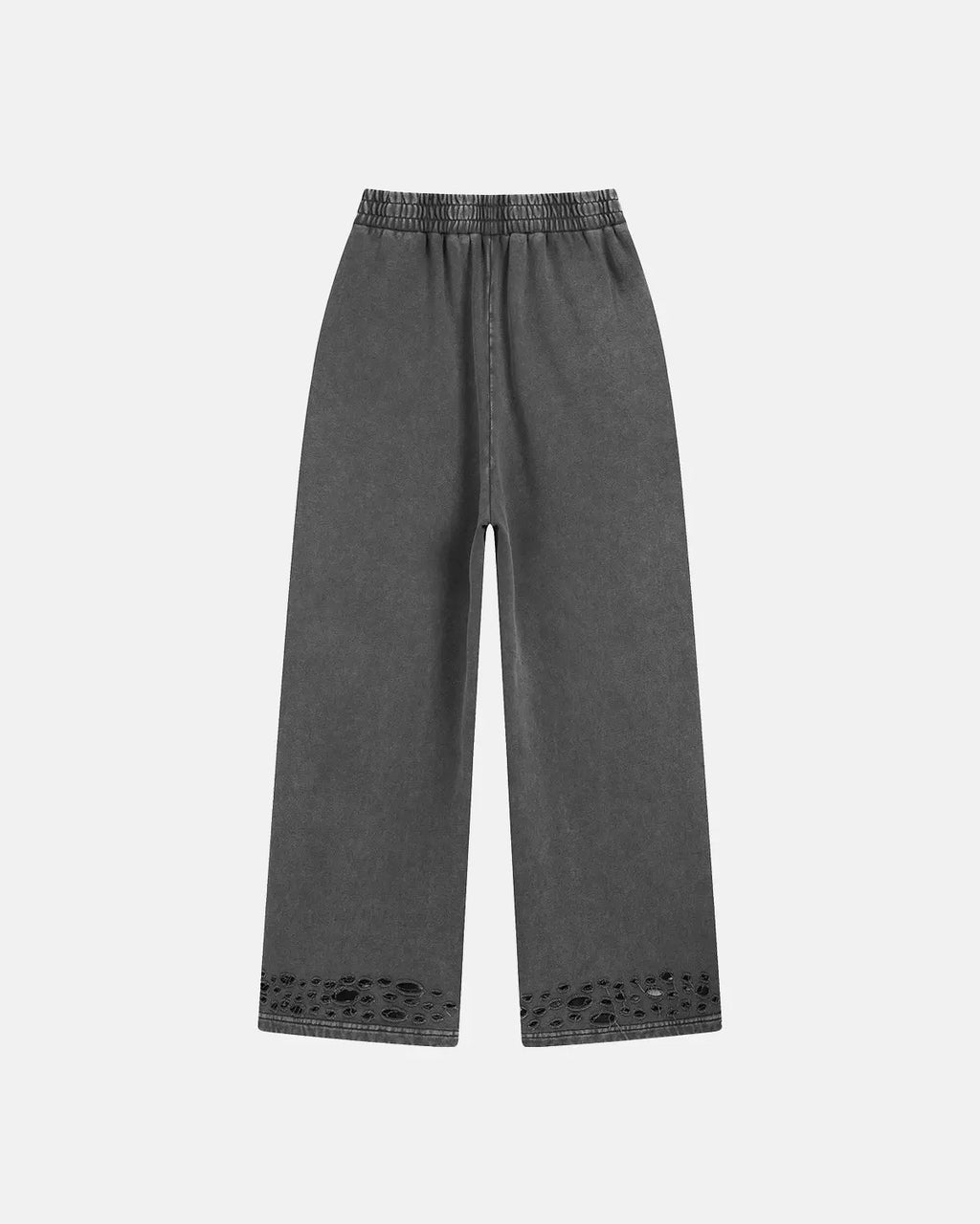 Ripped acid wash sweatpants from Flation streetwear collection featuring distressed details and relaxed fit.