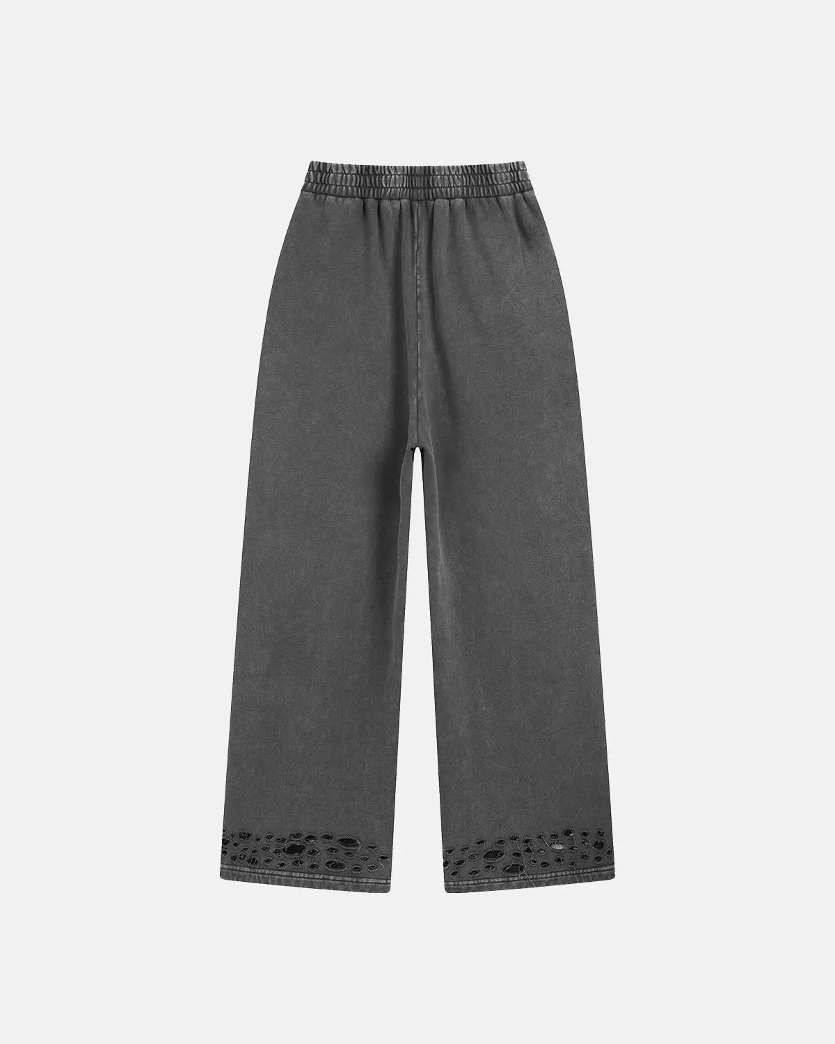 Ripped acid wash sweatpants from Flation streetwear collection featuring distressed details and relaxed fit.