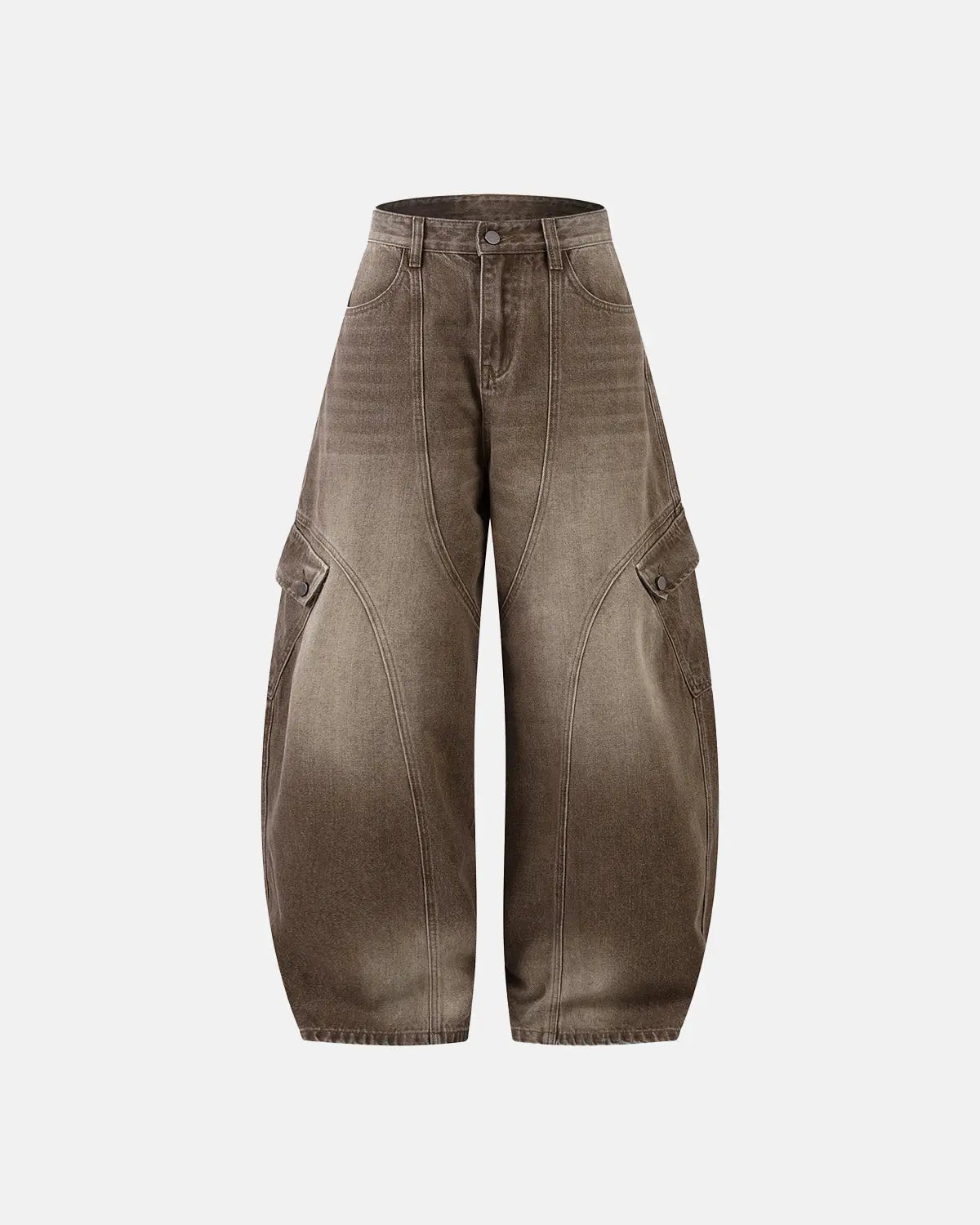 Brown acid wash barrel jeans by Flation featuring a relaxed fit, distressed details, and vintage-inspired streetwear style.