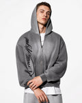 Acid wash zip-up hoodie from Flation Streetwear with a relaxed fit, featuring a front zipper and distressed, faded fabric.