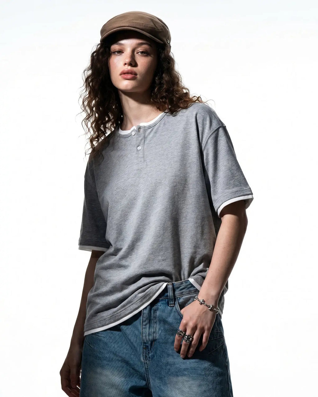 Old Money Layered Henley T-Shirt by Inflation Streetwear, men's casual shirt with layered design and buttoned neckline.