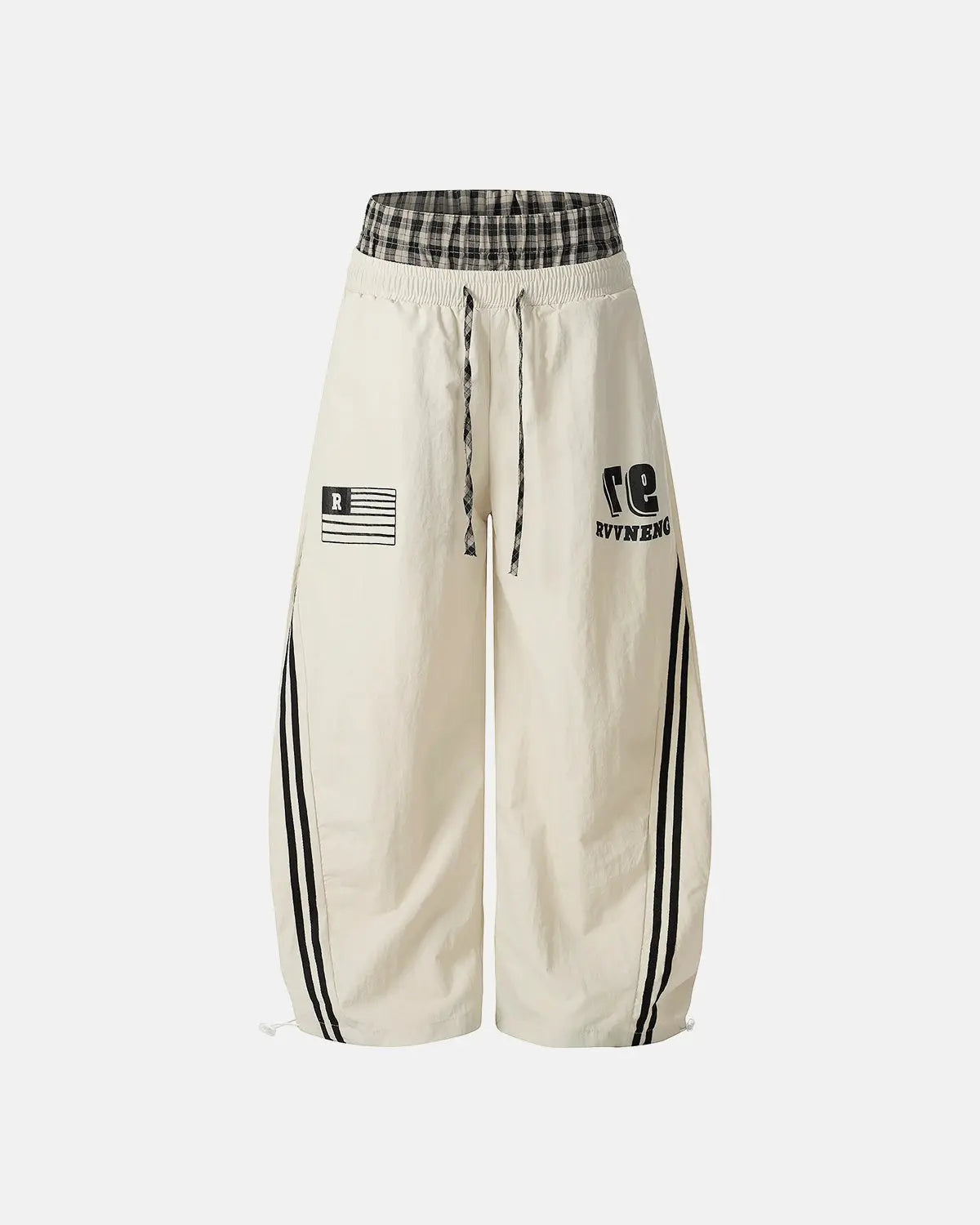 Inflation streetwear plaid double waist baggy track pants with a relaxed fit and stylish pattern, displayed on a hanger.