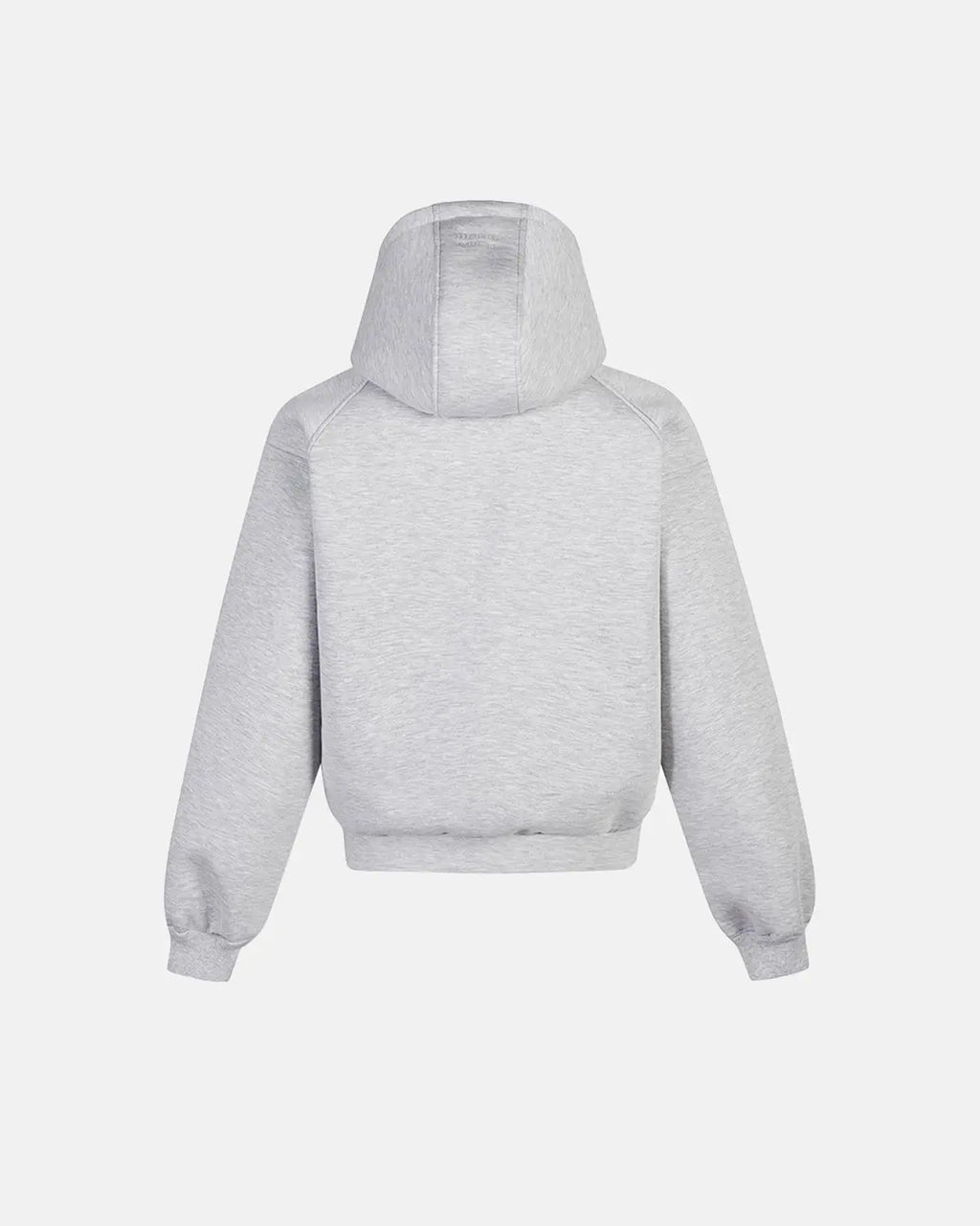 Grey boxy zip-up hoodie by Flation with a relaxed fit and front pockets, shown on a model.