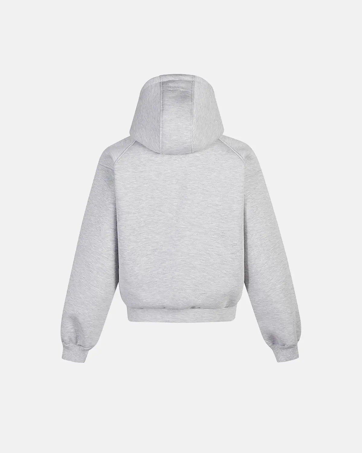 Grey boxy zip-up hoodie by Flation with a relaxed fit and front pockets, shown on a model.