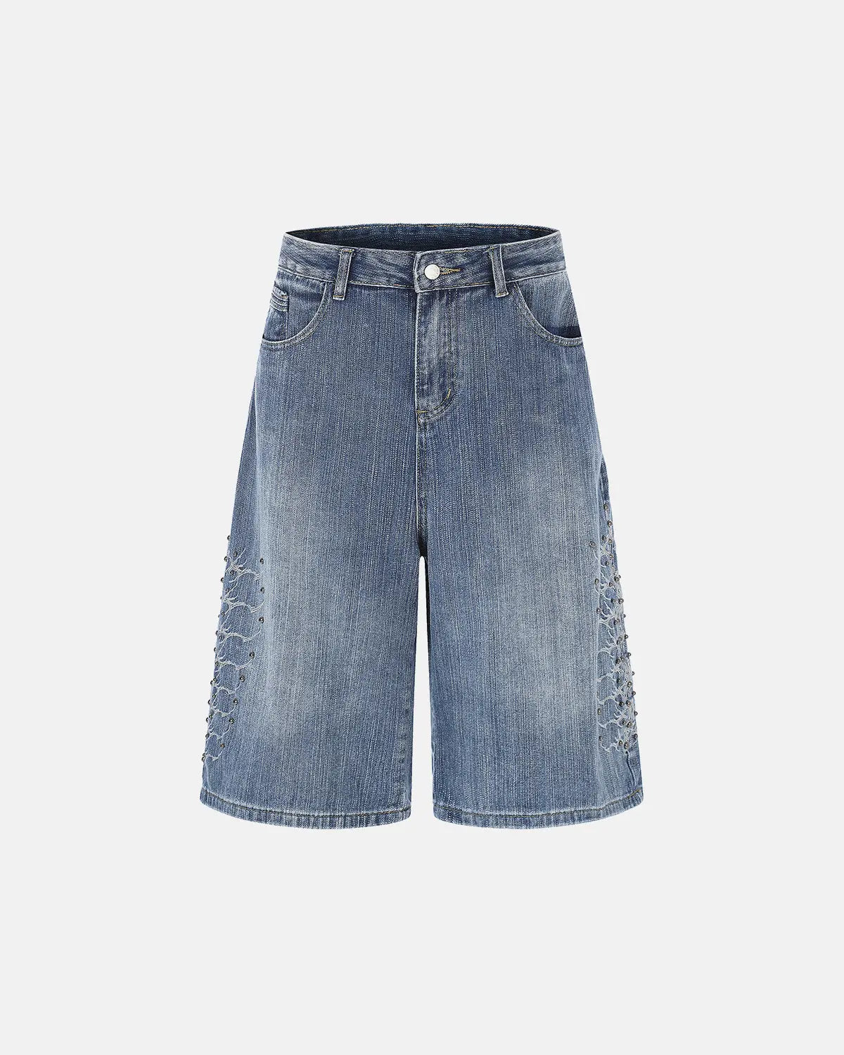 Inflation Streetwear studded bamboo weave jorts, casual denim pants with metal stud accents and bamboo-inspired design details.