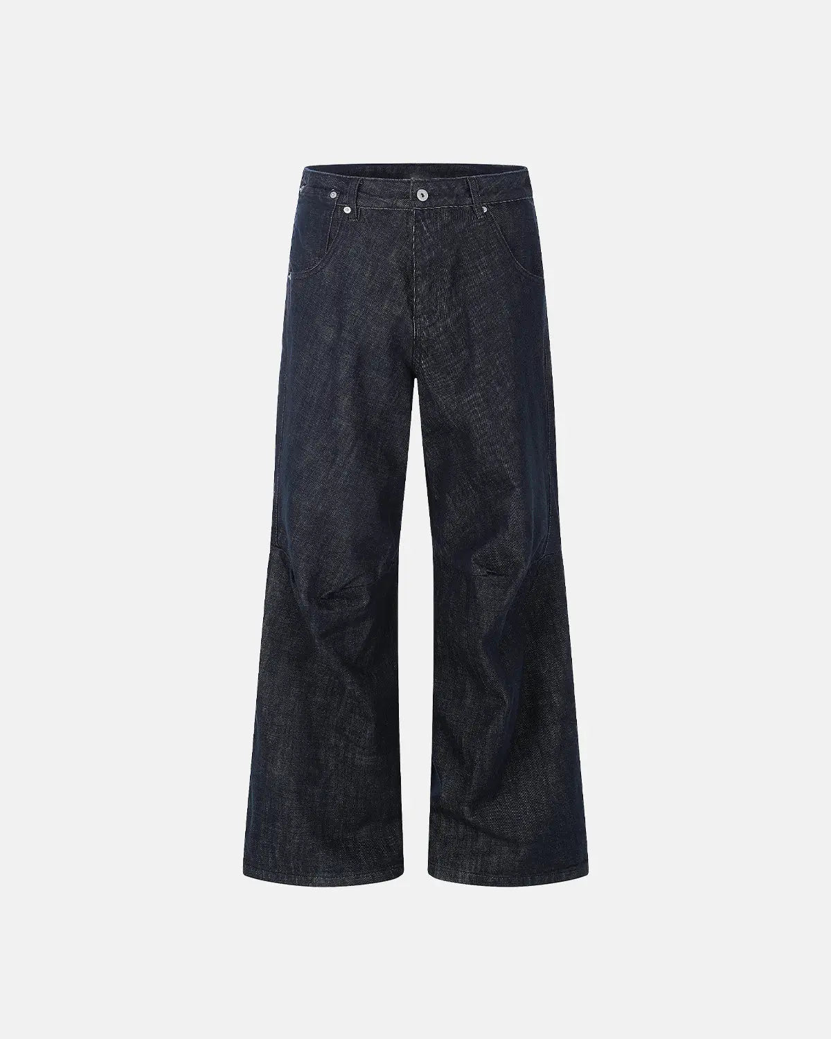 Cinch back raw baggy jeans from INFLATION Streetwear showing relaxed fit, raw denim texture, and baggy silhouette.