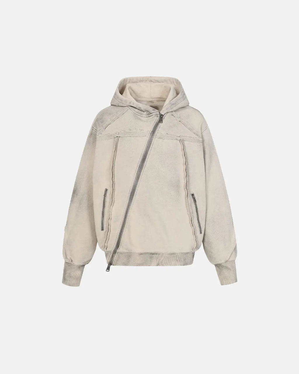 Washed boxy asymmetric zip-up hoodie by INFLATION Streetwear, featuring a modern design and casual fit, shown from the front.