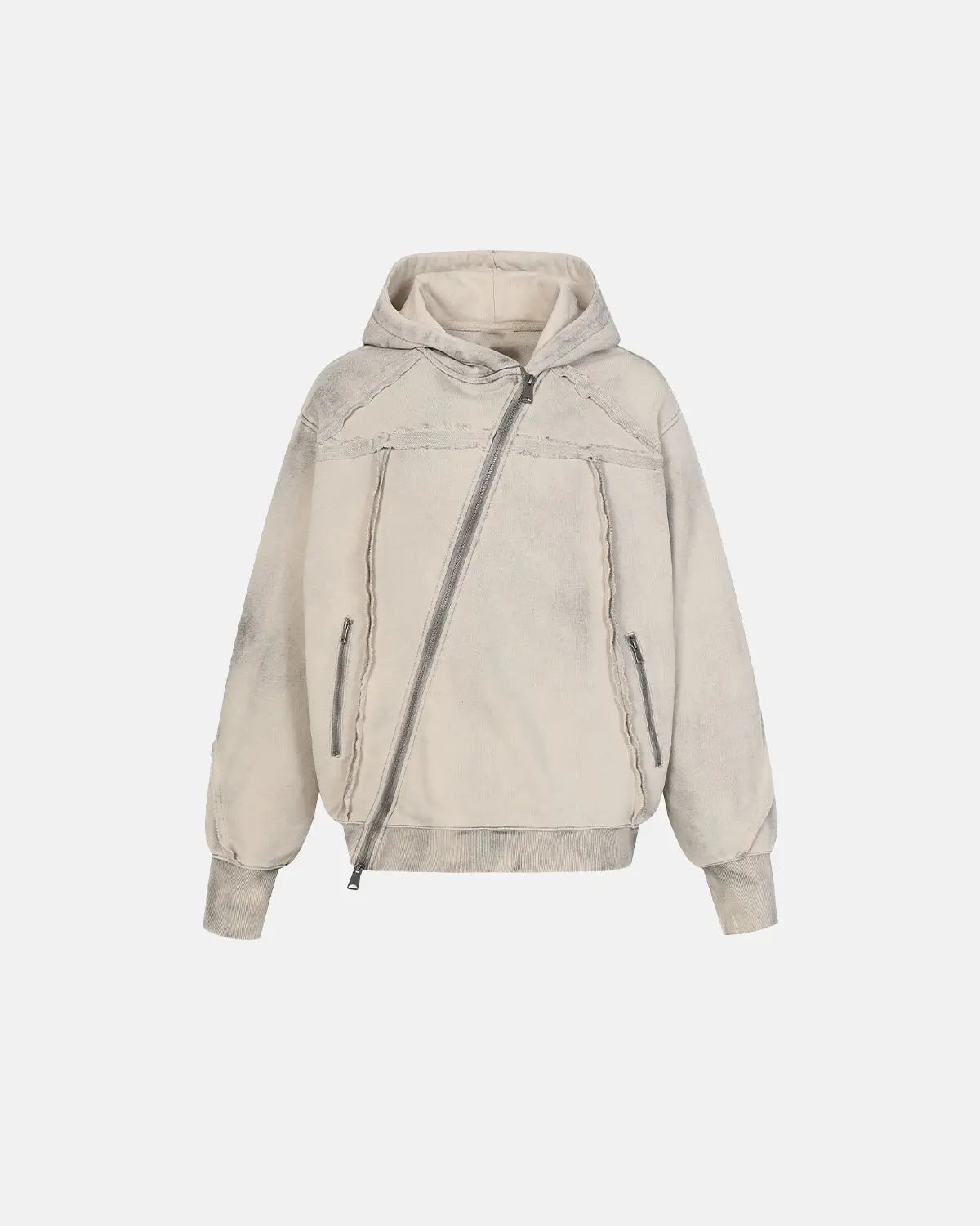Washed boxy asymmetric zip-up hoodie by INFLATION Streetwear, featuring a modern design and casual fit, shown from the front.