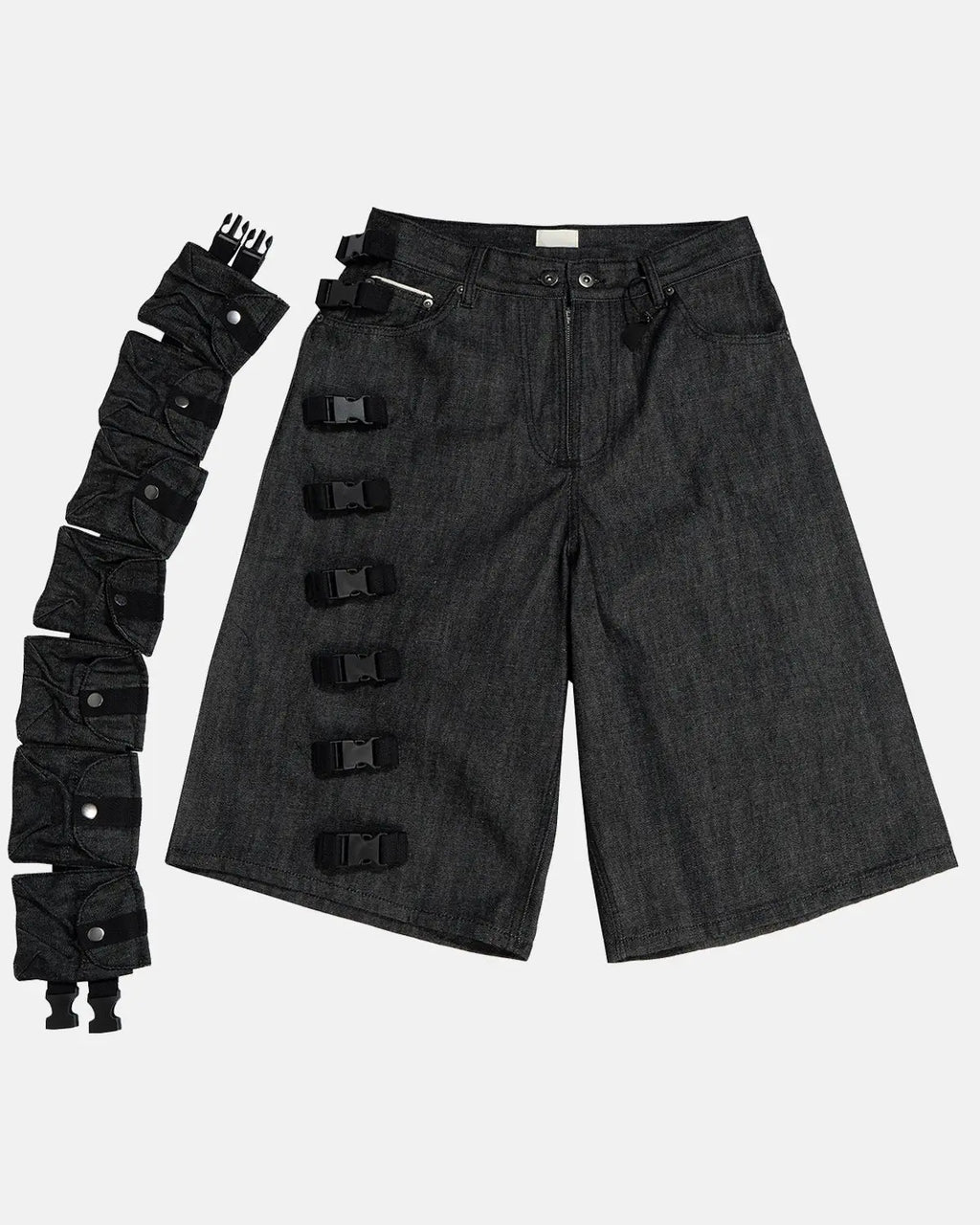 Raw denim tactical cargo jorts by INFLATION, knee-length tactical denim pants with multiple cargo pockets, streetwear style.