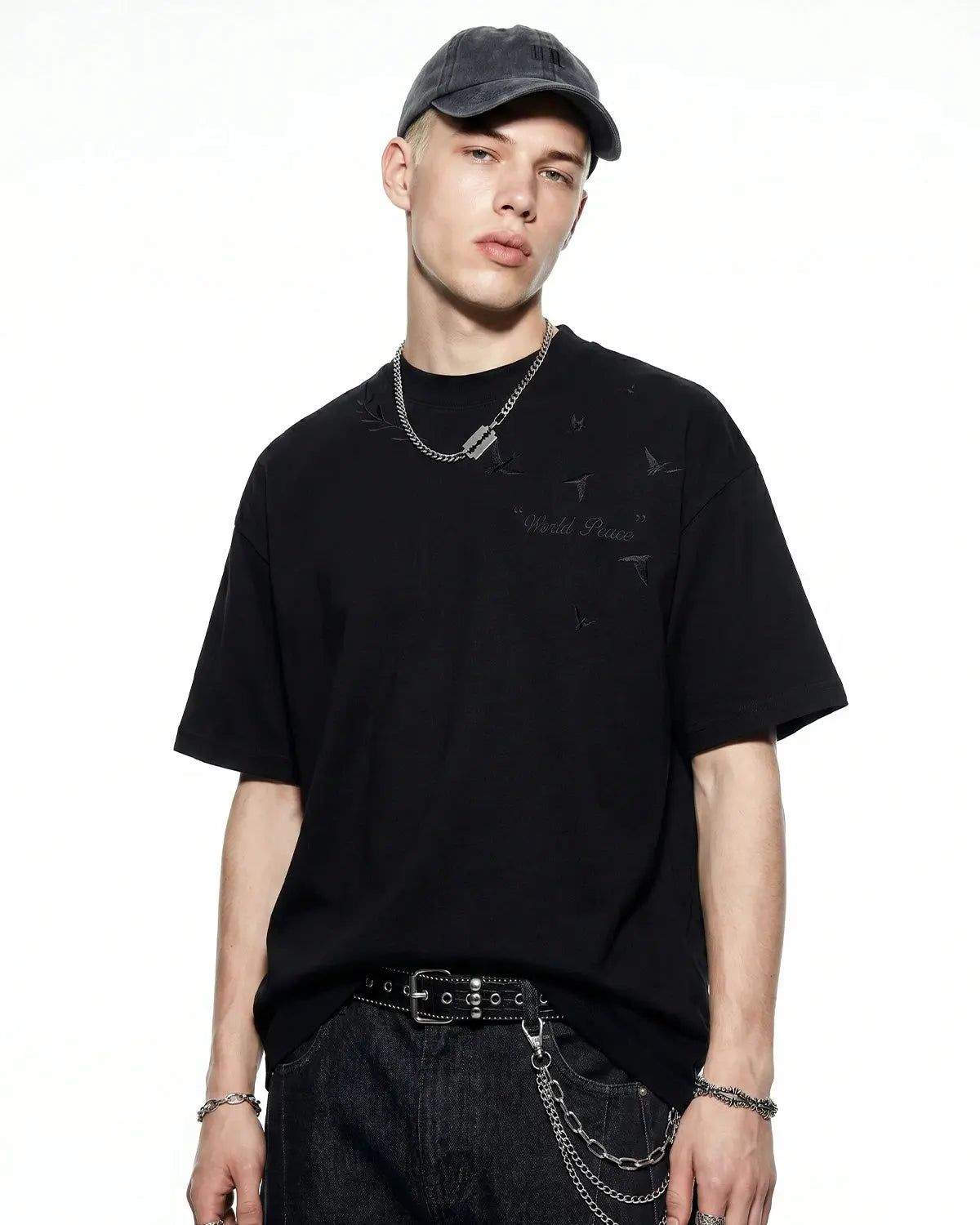 Dove embroidered mock neck T-shirt by INFLATION featuring a sleek design, soft fabric, and stylish embroidery detail.