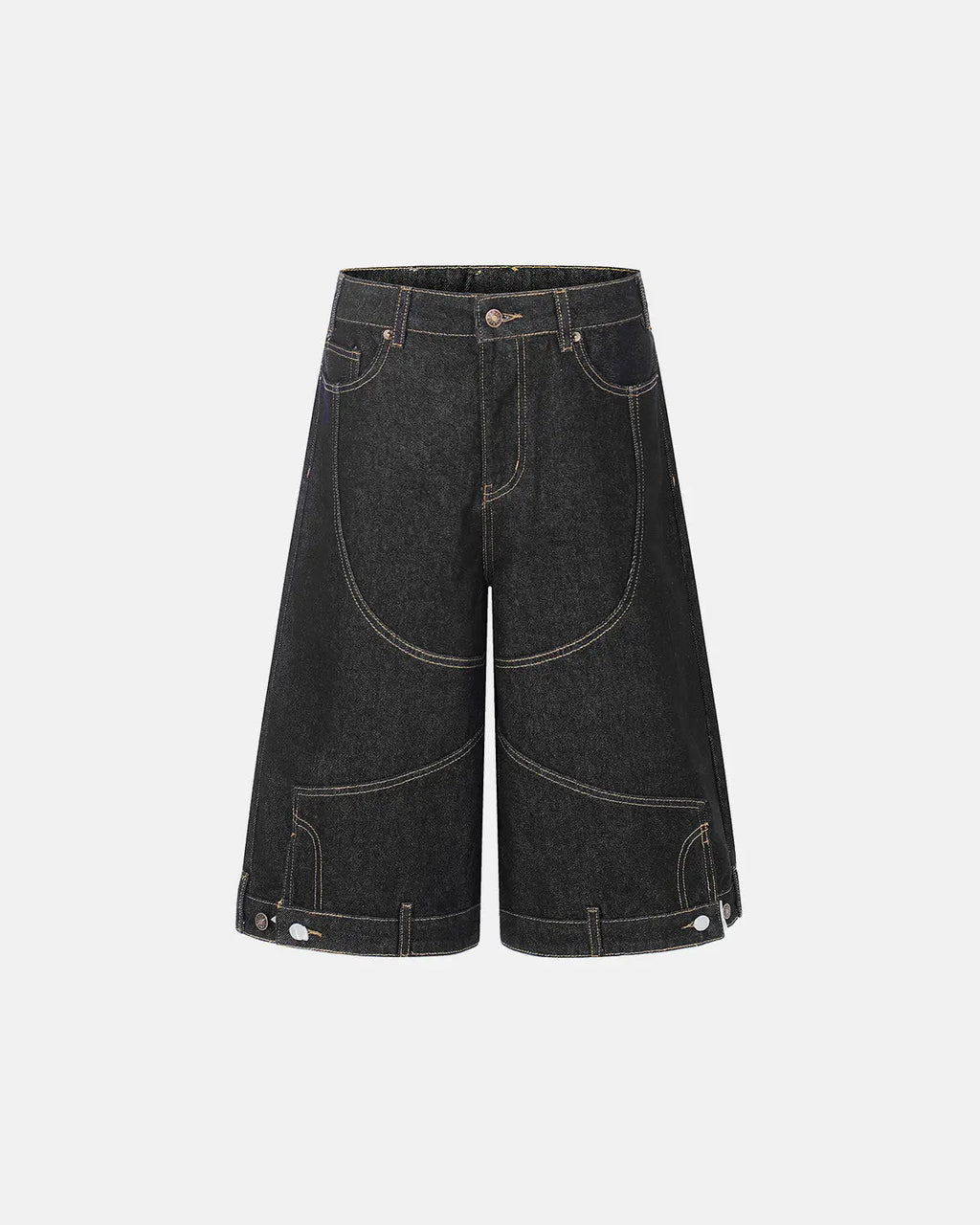 Deconstructed raw denim jorts by INFLATION, casual pants with distressed details and frayed hems, styled as streetwear pants.