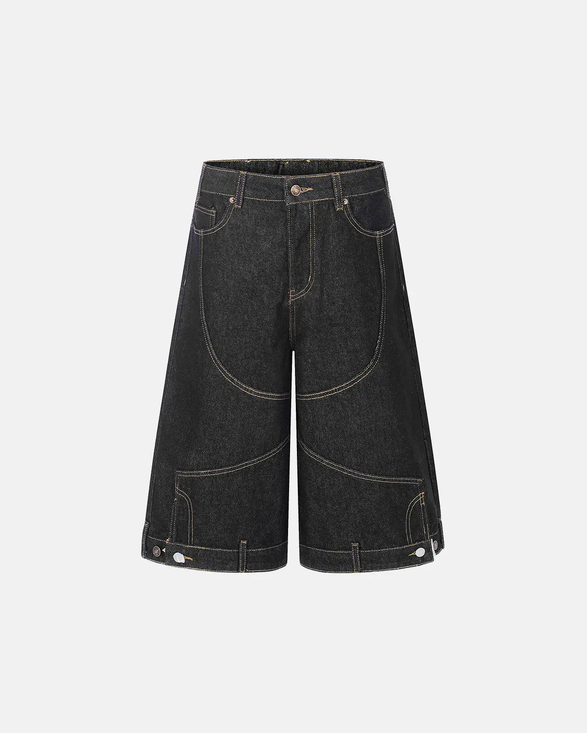 Deconstructed raw denim jorts by INFLATION, casual pants with distressed details and frayed hems, styled as streetwear pants.